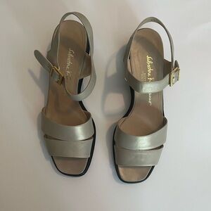 Salvatore Ferragamo low wedge platform sandals sz 10 golden leather ankle strap